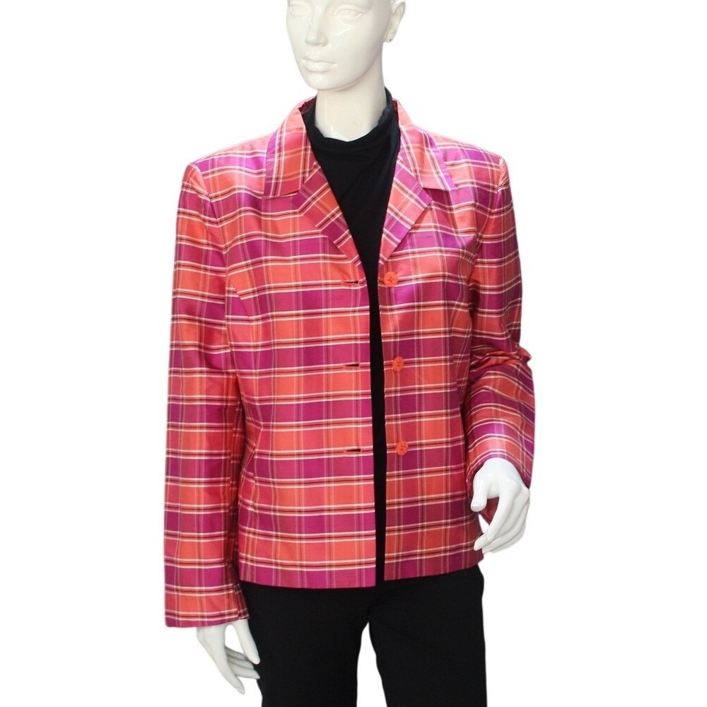 Kasper & Company ASL Pink Plaid Silk Blend Jacket Blazer Size 14